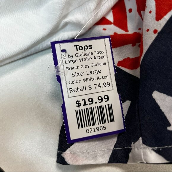 G By Giuliana Womens White Top W/ Aztec Print Sleeves V-Neck Cotton Blend Size L - Picture 6 of 6